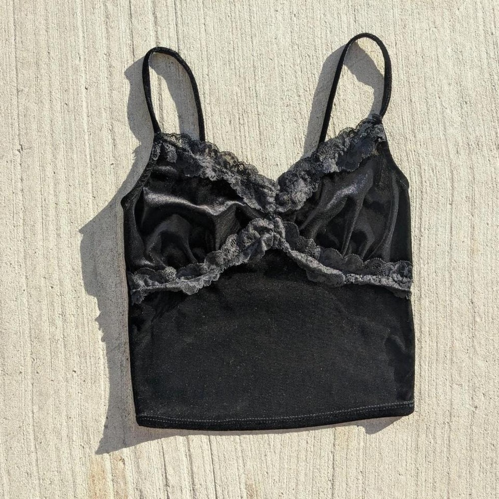 Moa‎ Moa Black Velvet Lace Cami Top Small Whimsigoth Empire Waist Tank Gothic